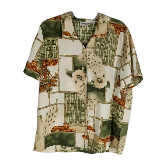 Alfred Dunner Tops - Alfred Dunner Womens 14 Safari Green/White/Brown Button Up Dress Shirt